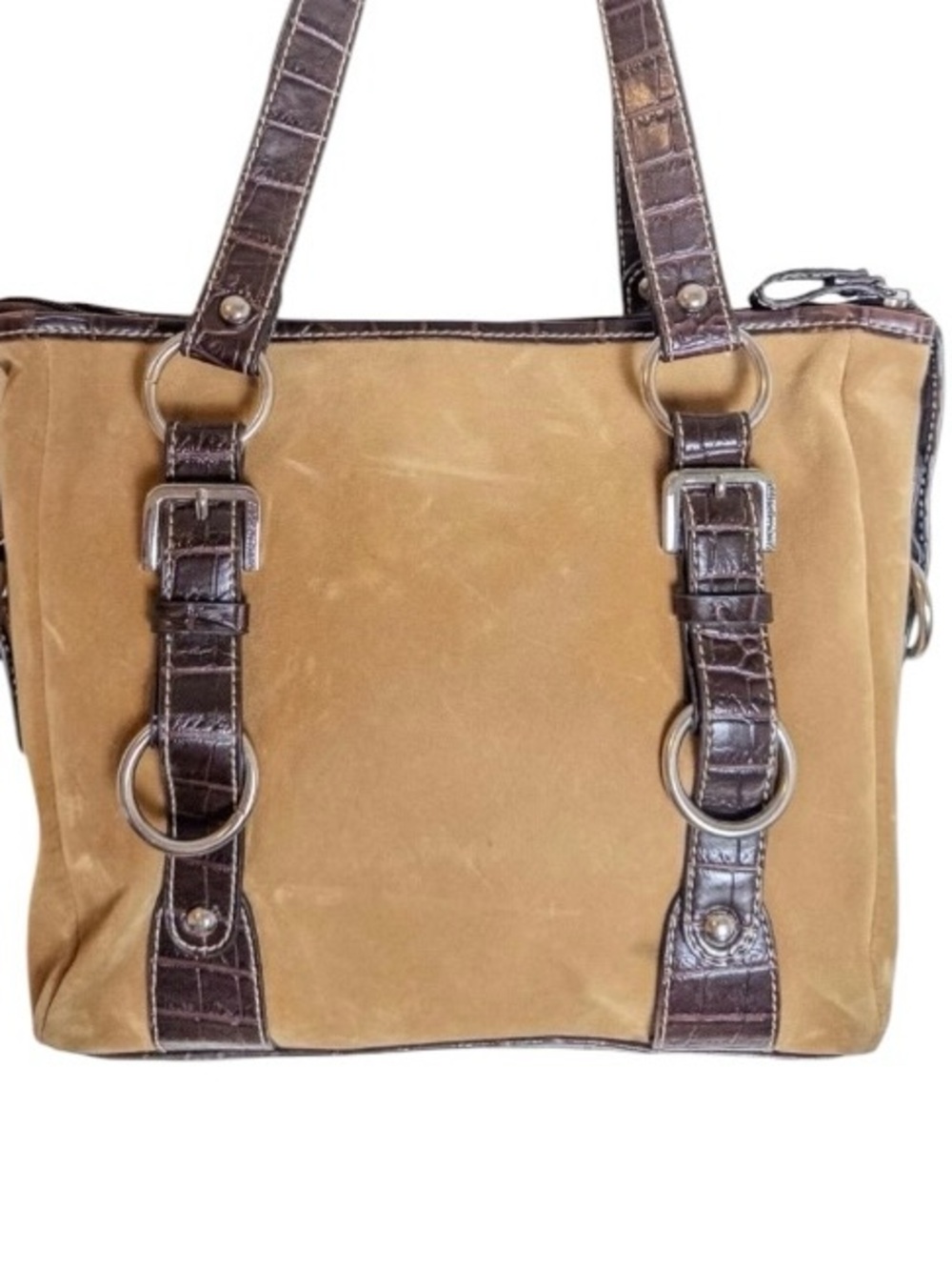 Y2K Franco Sarto Suede Gator Embossed Shoulder Bag Brown Tote - Picture 3 of 11